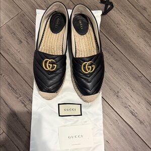 Gucci Quilted Black Espadrilles with Gold Logo